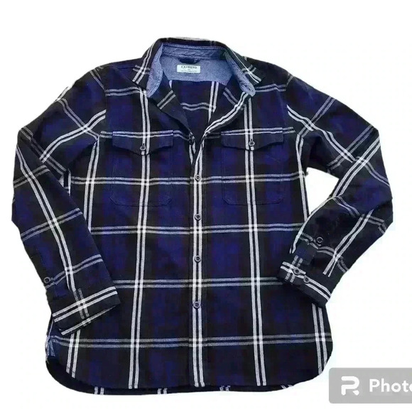 Express Other - Men's Express Button Down shirt jacket Fitted - Blue Plaid (Men's US Medium)